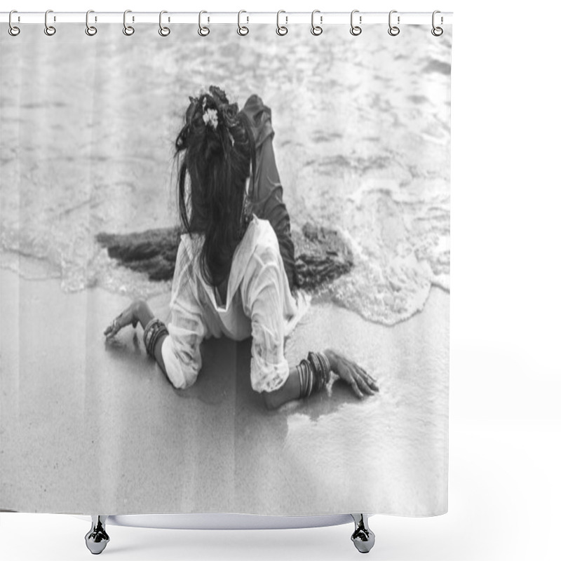 Personality  Beautiful Young Stylish Boho Woman On The Beach At Sunset Shower Curtains