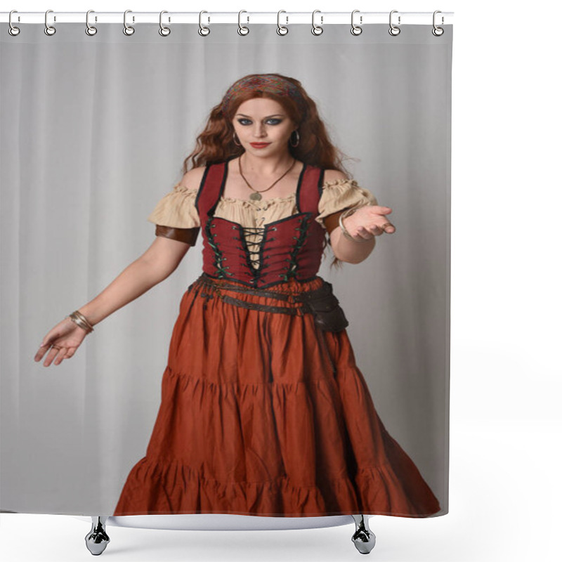 Personality  Close Up Portrait Of Beautiful Red Haired Woman Wearing A Medieval Maiden, Fortune Teller Costume. Posing With Gestural Hands Reaching Out, Dancing, Isolated On Studio Background. Shower Curtains