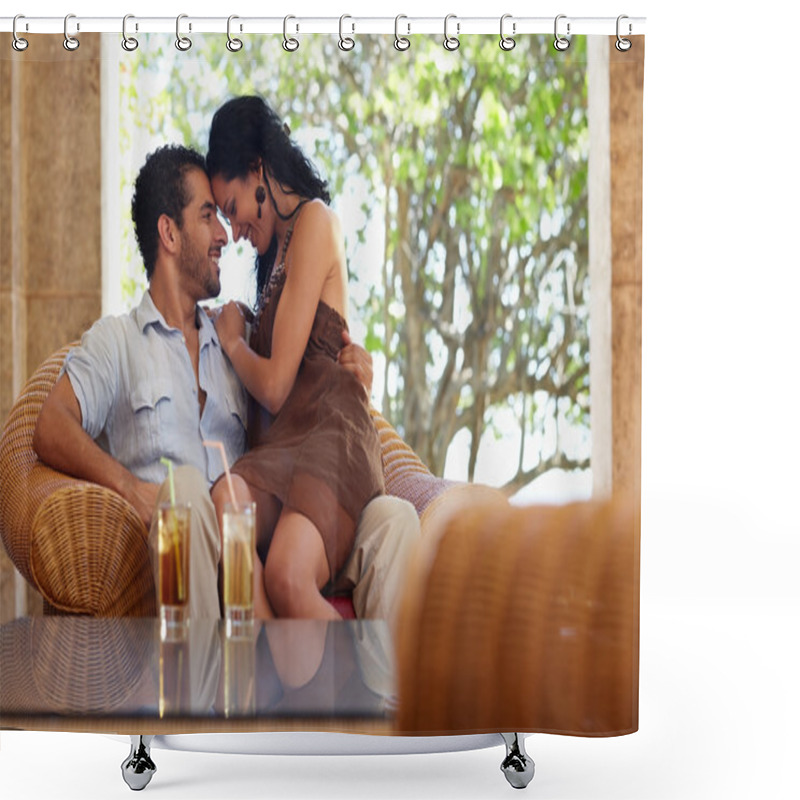 Personality  Happy Husband And Wife Doing Honeymoon In Resort Shower Curtains