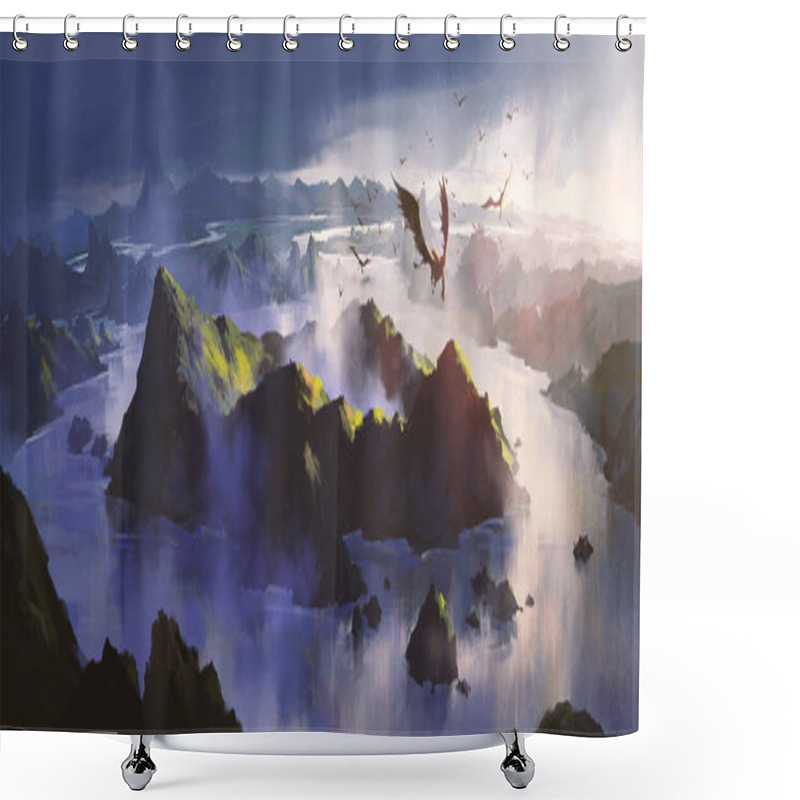 Personality  There Is A Secret Realm With A Dragon Circling, 3D Illustration. Shower Curtains