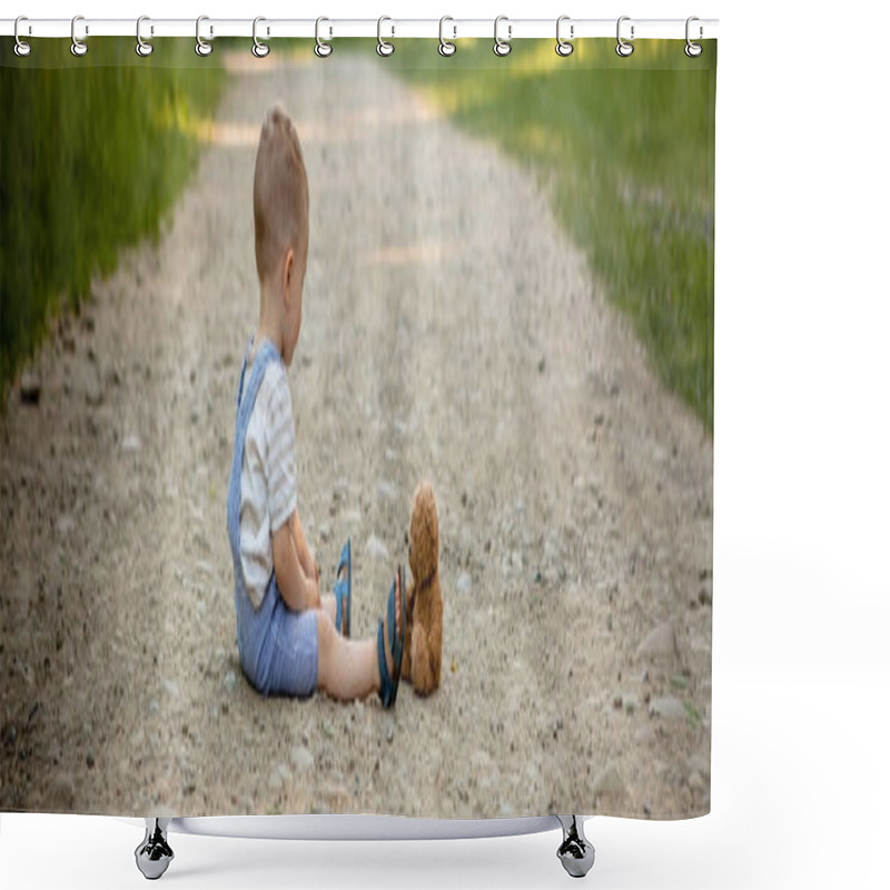 Personality  Little Boy Playing With Teddy Bear On The Footpath. Shower Curtains