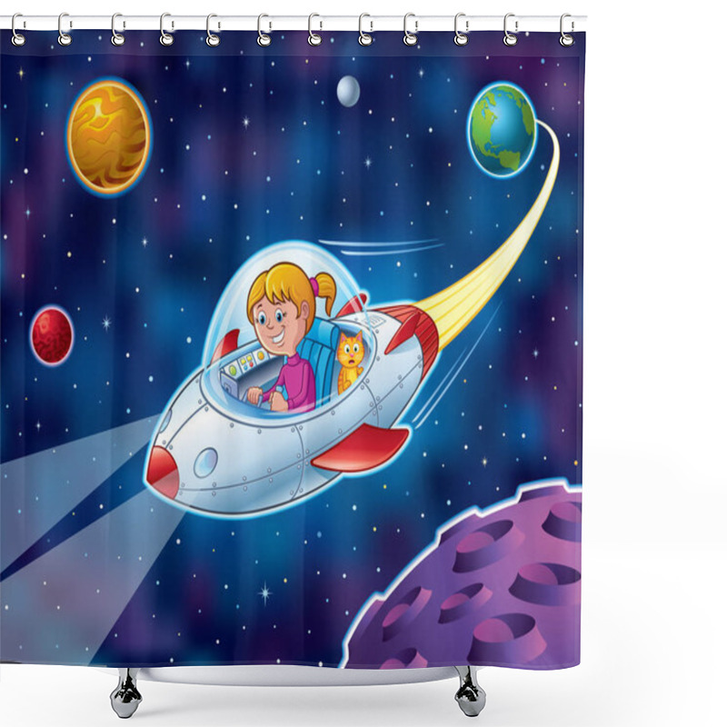 Personality  Girl Flying In Spaceship With Cat In Outer Space Shower Curtains