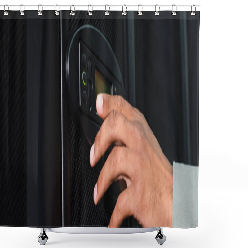 Personality  Cropped View Of African American Engineer Touching Control Panel On Server, Banner Shower Curtains