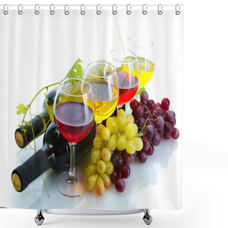 Personality  Bottles And Glasses Of Wine And Ripe Grapes Isolated On White Shower Curtains