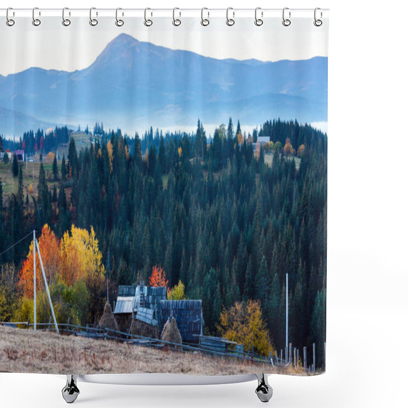 Personality  Early Morning Misty Autumn Carpathian Mountain Village, Ukraine. Shower Curtains