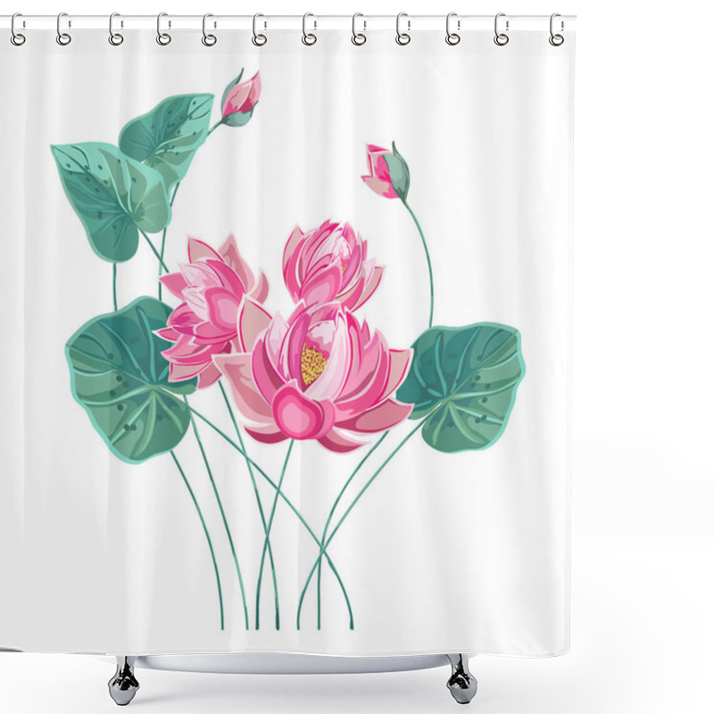 Personality  Composition Of Pink Lotus Flower With Green Leaves Shower Curtains