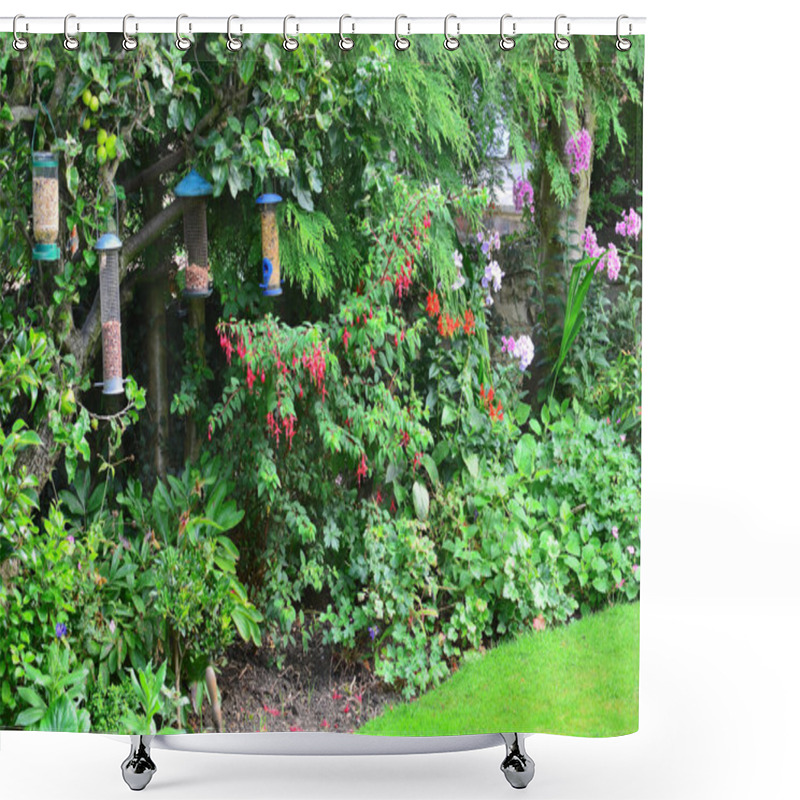 Personality  Bird Feeders In A Typical English Country Garden Shower Curtains