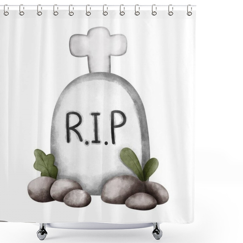 Personality  Watercolor Halloween Graveyard With Stone And Leaves.Halloween Graveyard Illustration Isolated On White Background. Halloween Decoration,greeting Cards,postcards. Shower Curtains