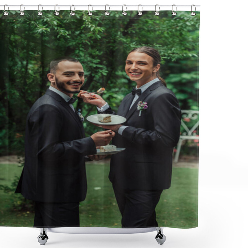 Personality  Pleased Gay Newlyweds In Formal Wear Holding Wedding Cake  Shower Curtains