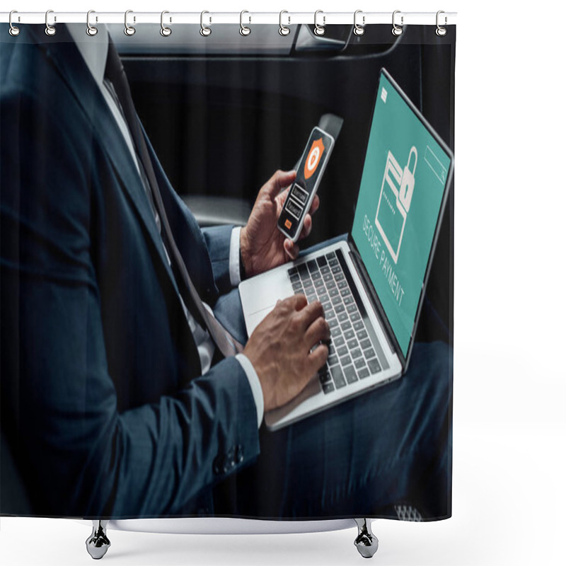 Personality  Cropped View Of African American Businessman Using Laptop And Smartphone In Car With Cyber Security Illustration Shower Curtains