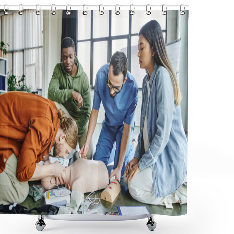 Personality  Young Man Practicing Artificial Respiration On CPR Manikin Near Defibrillator, Medical Equipment, Multiethnic Team And Paramedic During Hands-on Learning On First Aid Seminar Shower Curtains