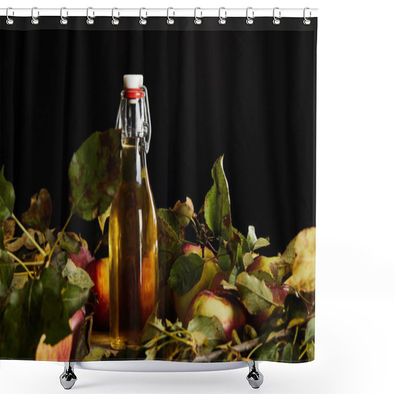 Personality  Bottle Of Fresh Cider Near Ripe Apples And Leaves Isolated On Black Shower Curtains