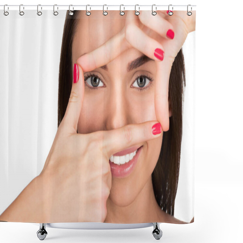 Personality  Woman Making Frame Gesture Shower Curtains