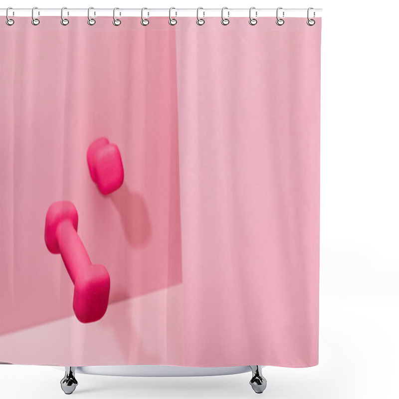 Personality  Pink Bright Dumbbells Flying In Air On Pink Background With Copy Space Shower Curtains