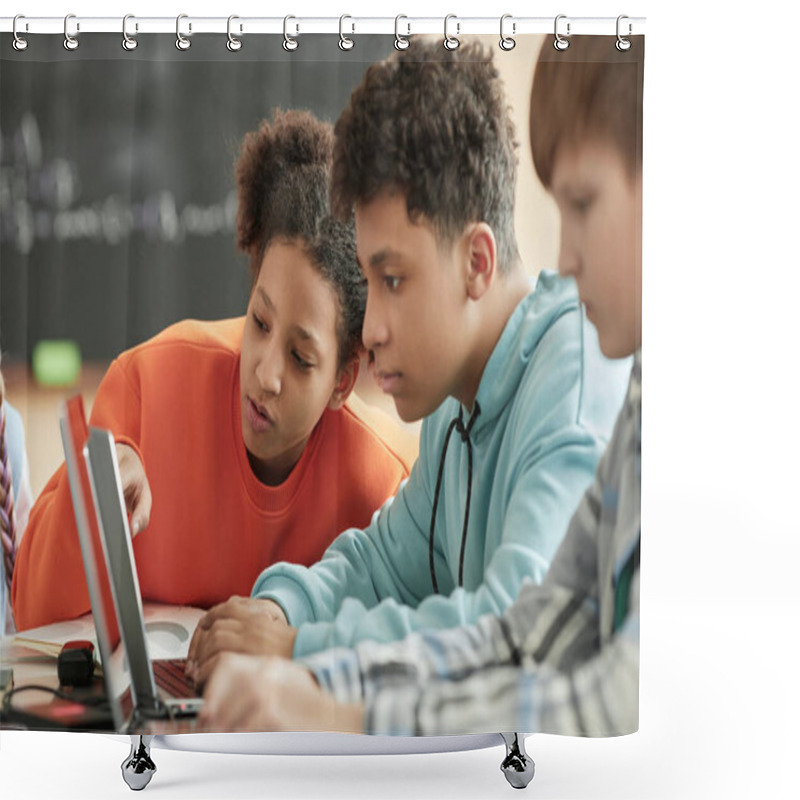 Personality  Children Using Laptop In School Classroom Focus On Black Girl Looking At Computer Screen Shower Curtains