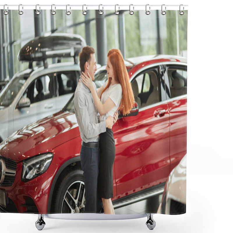 Personality  Couple Hugging While Buying First New Family Car Together In Dealership. Shower Curtains