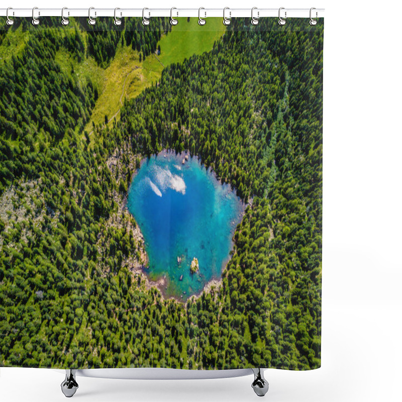 Personality  Aerial Photo Of A Blue Lake Between Alpine Mountains. Shower Curtains