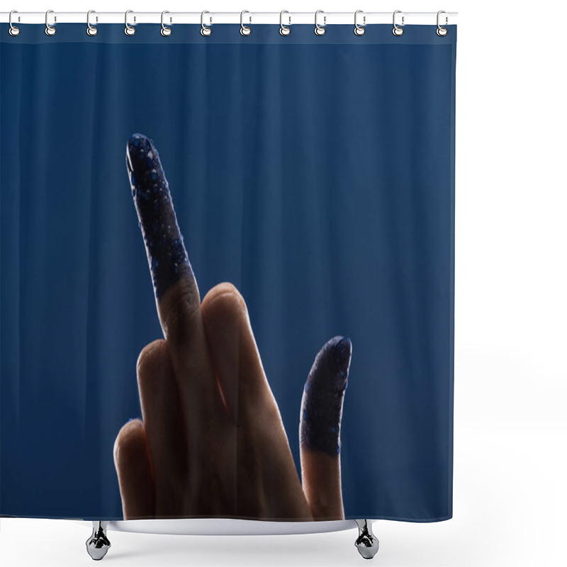 Personality  Cropped View Of Female Hand With Wet Painted Fingers Showing Middle Finger Isolated On Blue Shower Curtains