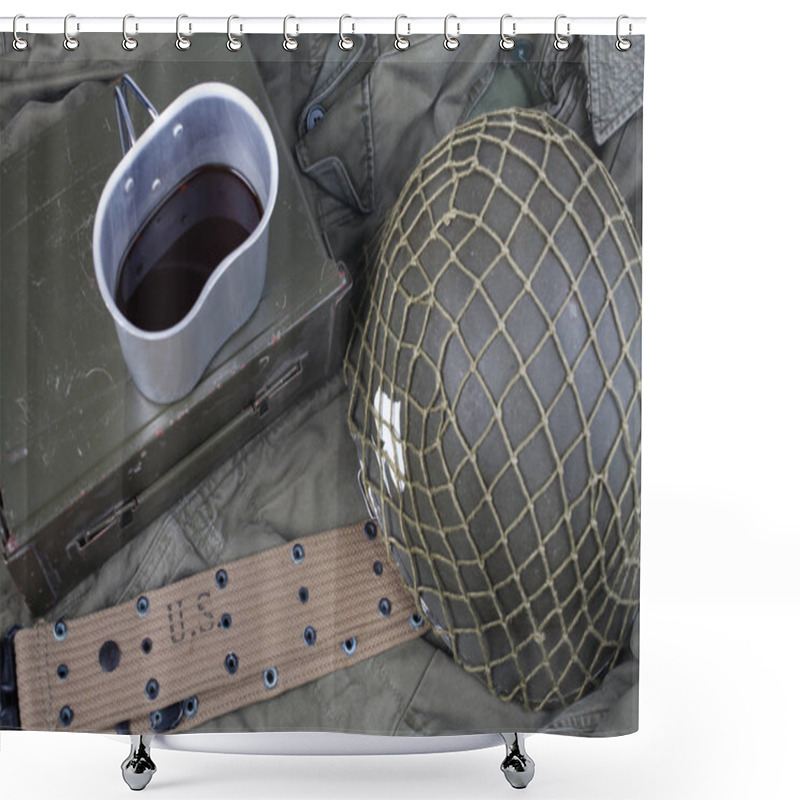 Personality  A Cup Of Coffee With Ww2 Period Us Army Military Equipment On Green Uniform Background Shower Curtains