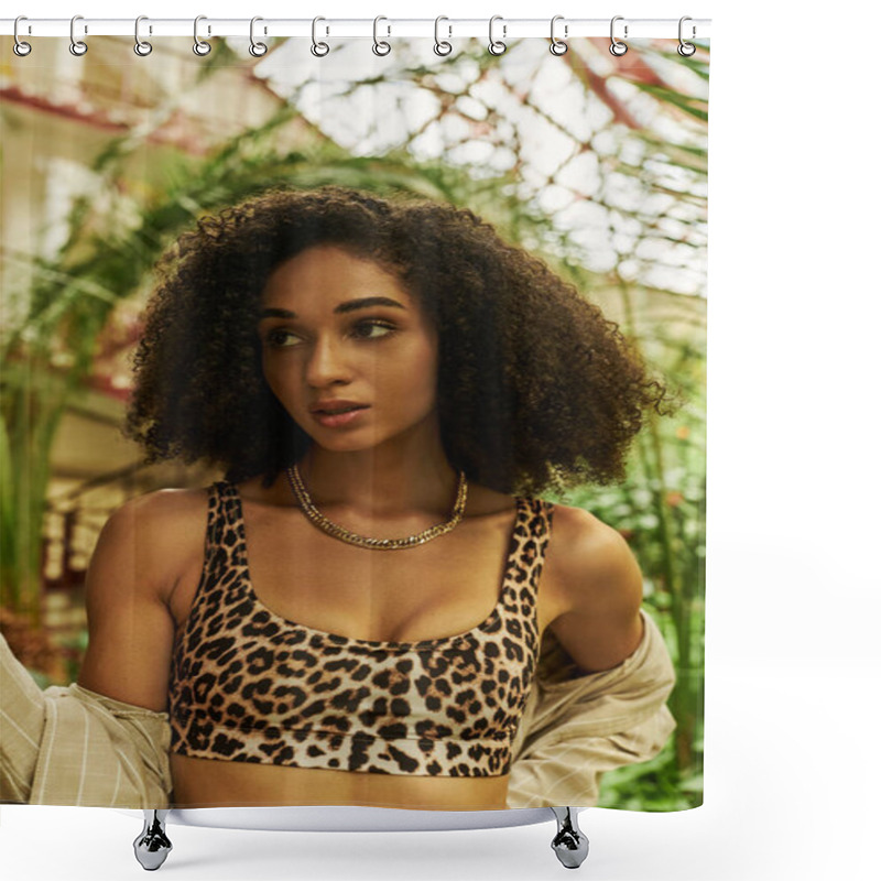 Personality  Fashionable African American Woman With Curly Hair In Animal Print Look In Tropical Greenhouse Shower Curtains