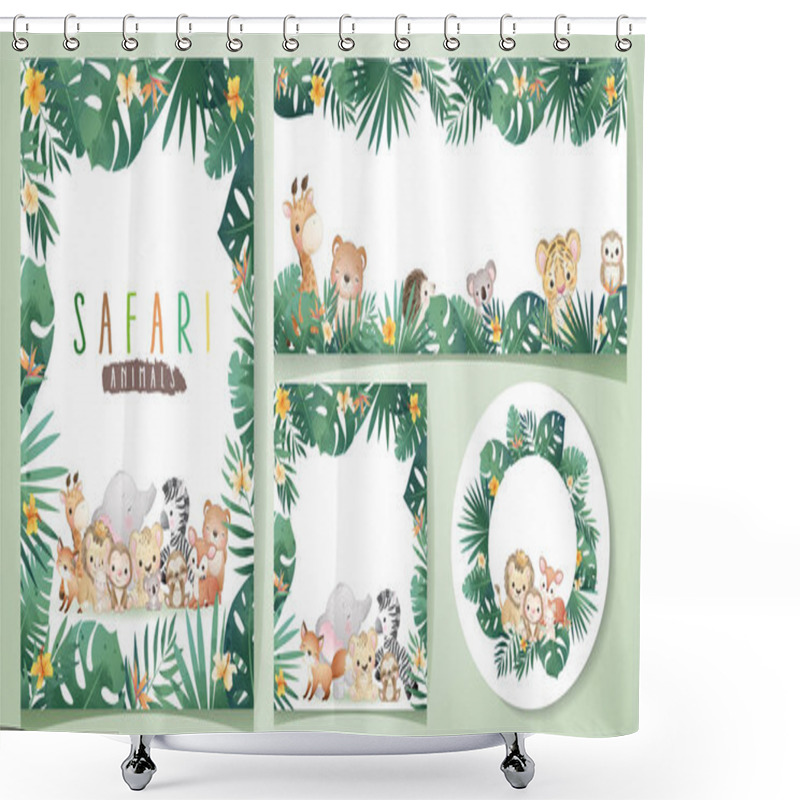 Personality  Cute Doodle Safari Animals With Floral Set Illustration Shower Curtains