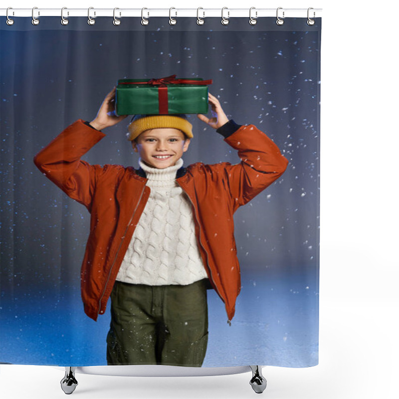 Personality  A Boy In A Cozy Sweater And Orange Jacket Happily Holds A Gift Above Their Head In The Snow. Shower Curtains