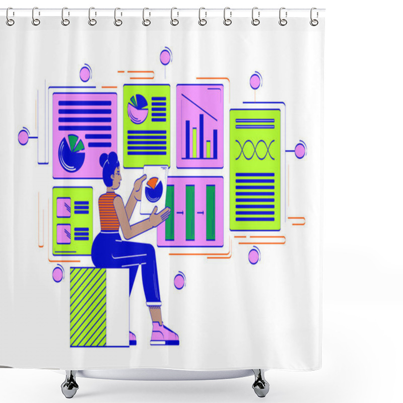 Personality  Data-driven Product Management Doodle Illustration Concept. Business Analyst With Charts. Project Manager African American Woman Cartoon 2D Character Isolated On White. Hand Drawn Vector Drawing Shower Curtains