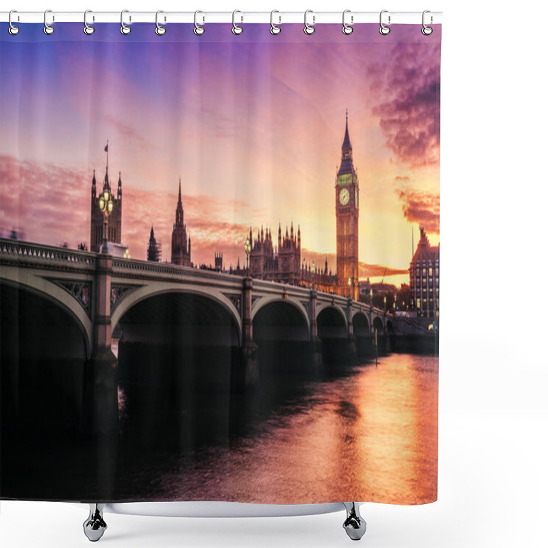 Personality  Dramatic Sunset Over Famous Big Ben Clock Tower In London, UK. Shower Curtains