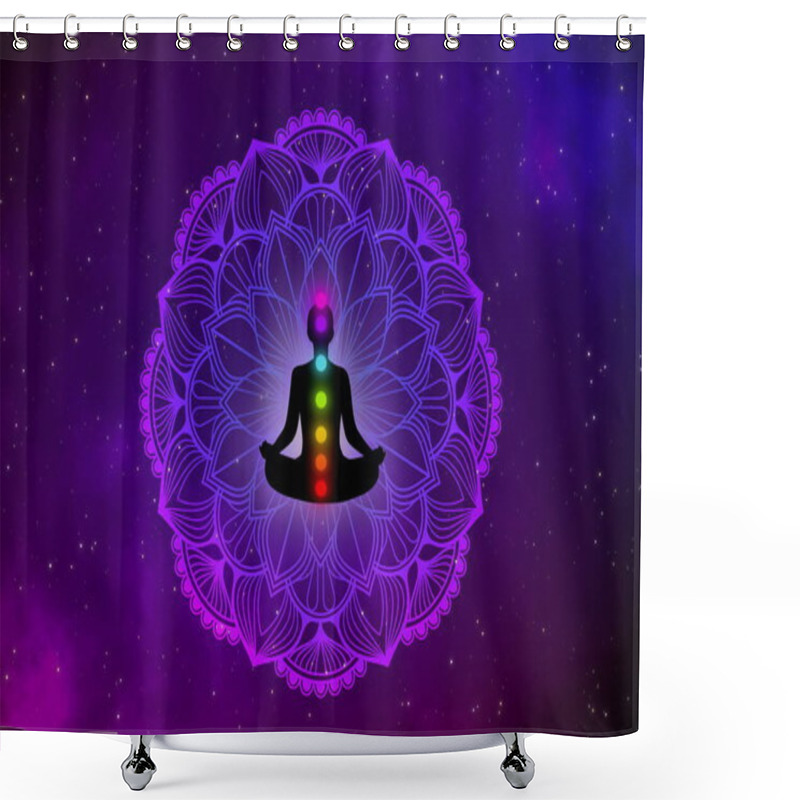 Personality  Spiritual Silhouette Meditation Man And Beautiful Mandala Design On Gas Clouds In The Galaxy. Shower Curtains