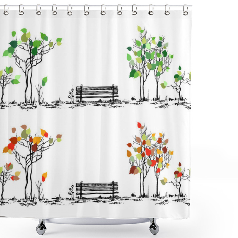 Personality  Park Sketch. Bench And Trees In Different Seasons Shower Curtains