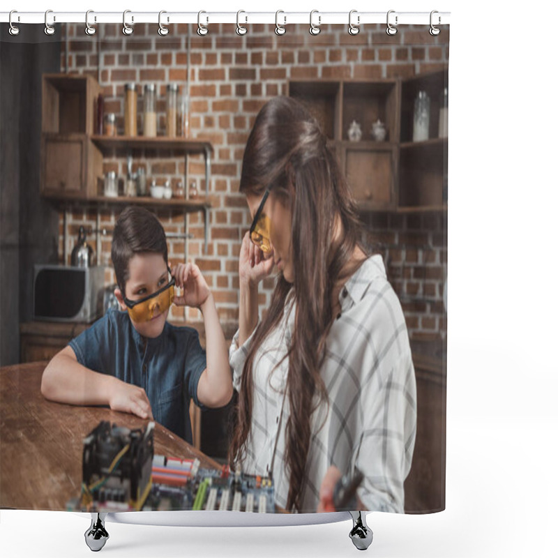 Personality  Mother And Son Looking Over Glasses Shower Curtains