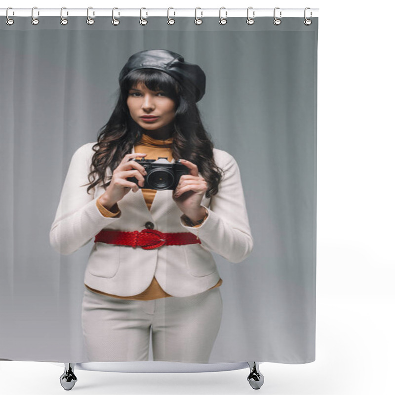 Personality  Attractive Brunette Woman In White Suit Standing With Film Camera Isolated On Gray Shower Curtains