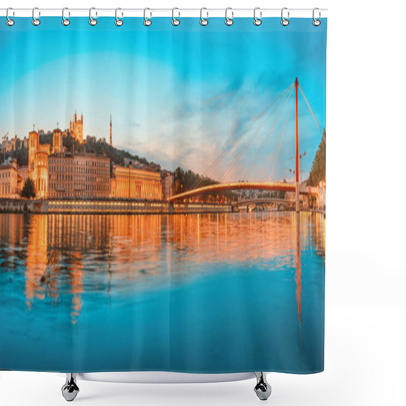 Personality  Lyon Night Cityscape With Illuminated Courthouse And Red Pedestrian Bridge Over Saone River. Panoramic Blue Hour Landscape Shower Curtains