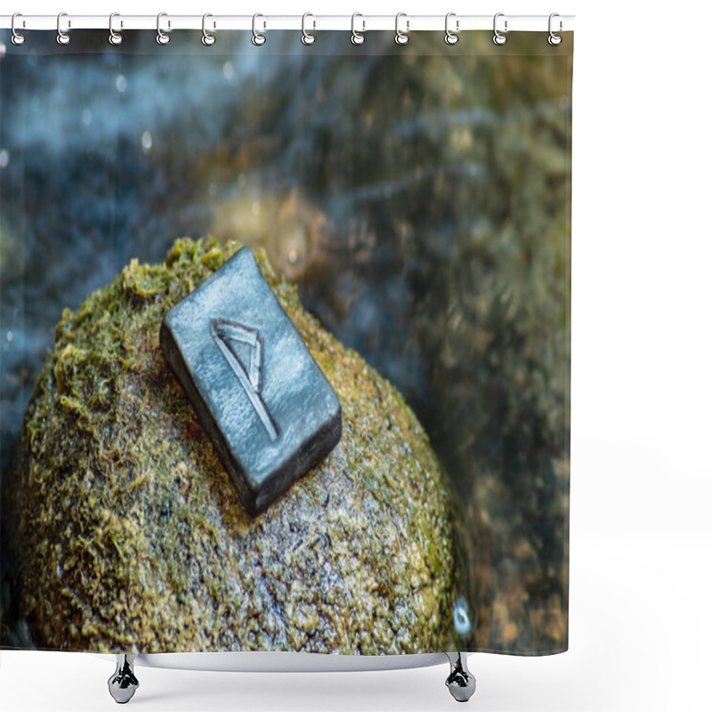 Personality  Norse Rune Vunjo On The Stone And The Evening River Background. Joy, Luck, Fulfillment Of Desires. Shower Curtains