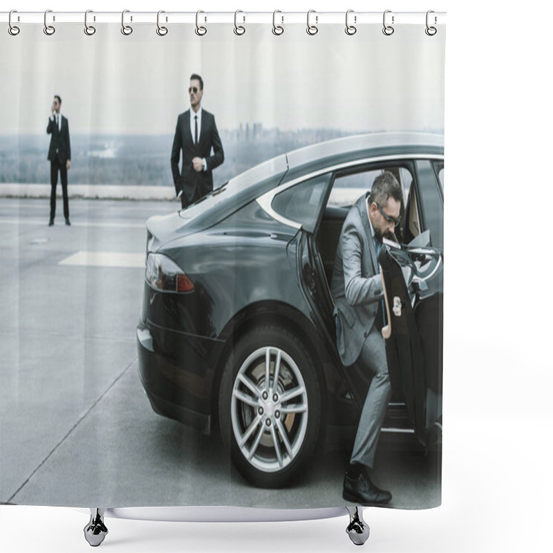 Personality  Businessman In Gray Suit Going Out From Black Car Shower Curtains