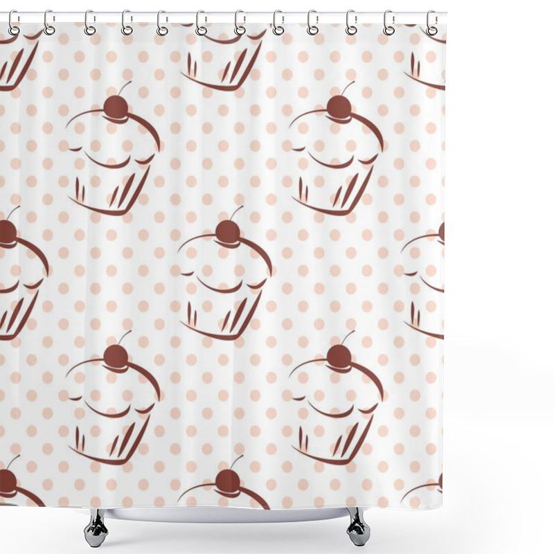 Personality  Tile Vector Pattern With Cherry Cupcakes And Pink Polka Dots On White Background Shower Curtains