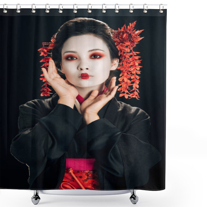 Personality  Geisha In Black And Red Kimono And Flowers In Hair With Hand Near Face Isolated On Black Shower Curtains