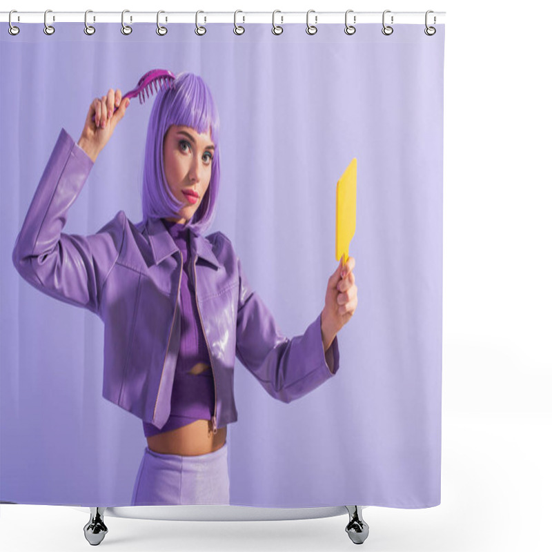 Personality  Young Woman Dressed In Doll Style With Hair Brush And Mirror On Violet Colorful Background Shower Curtains