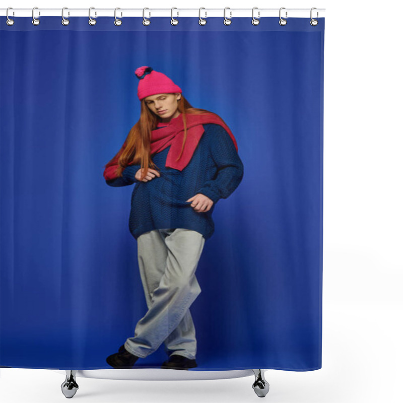 Personality  A Young Man With Striking Red Hair Displays Deep Emotions While Wearing Cozy Winter Attire. Shower Curtains