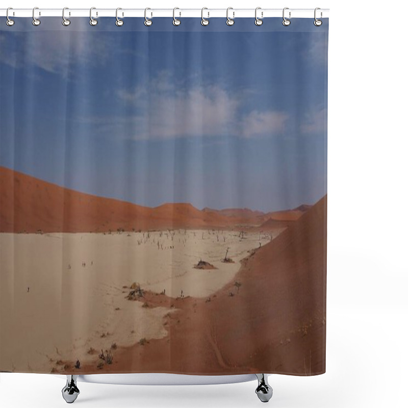 Personality  Deadvlei, A Vast Desert Landscape In Sossusvlei, Namibia, Featuring A White Clay Pan Surrounded By Towering Red Sand Dunes And Scattered Dead Camelthorn Trees Under A Blue Sky Shower Curtains