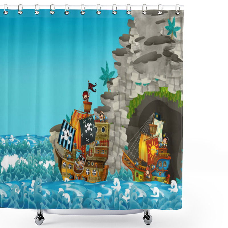 Personality  Cartoon Scene With Pirate Ship Sailing Through The Seas Sailing Out Of Secret Cave - Illustration For Children Shower Curtains