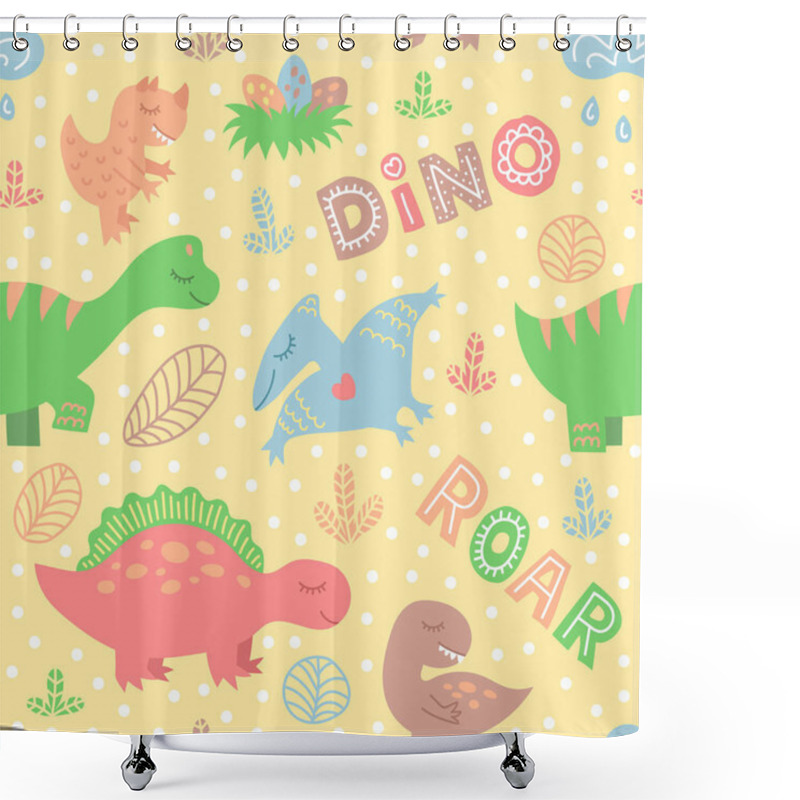 Personality  Colorful Childish Background With Dino. Vector Seamless Pattern For Textile, Fabric, Wallpaper Shower Curtains