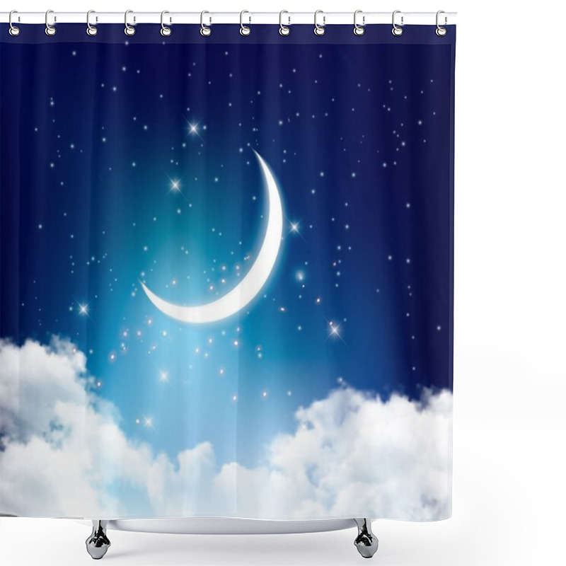 Personality  Night Sky Background With With Crescent Moon, Clouds And Stars.  Shower Curtains