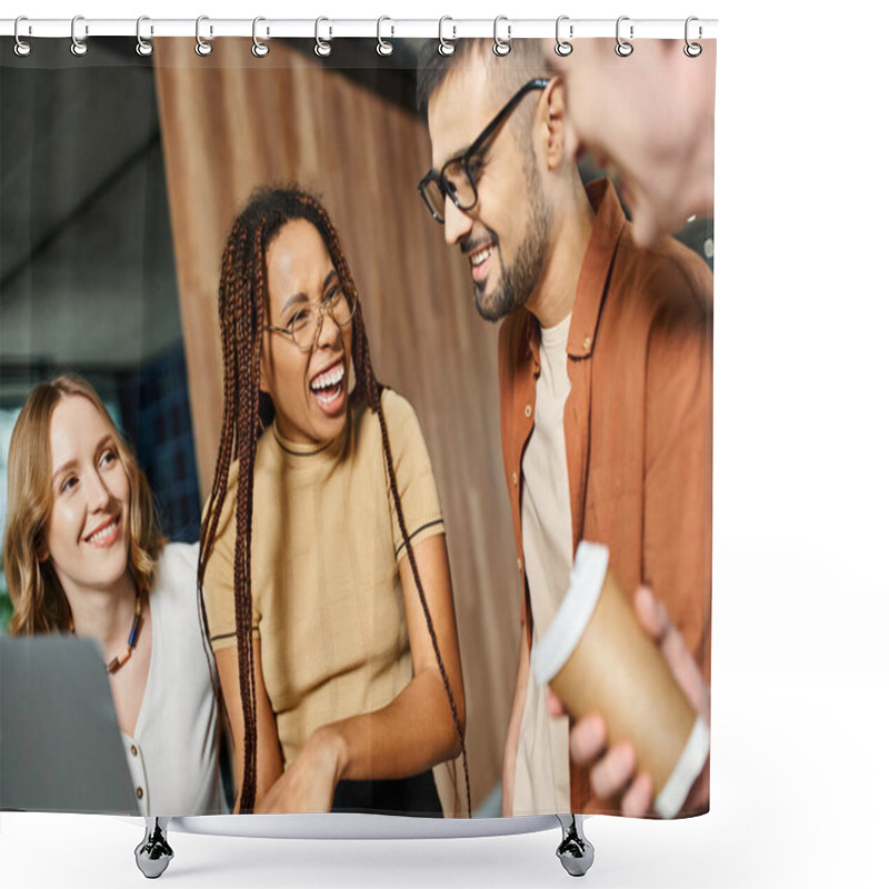 Personality  Multicultural Colleagues In Casual Attire Gather Around A Laptop In A Hotel Lobby During A Corporate Trip. Shower Curtains