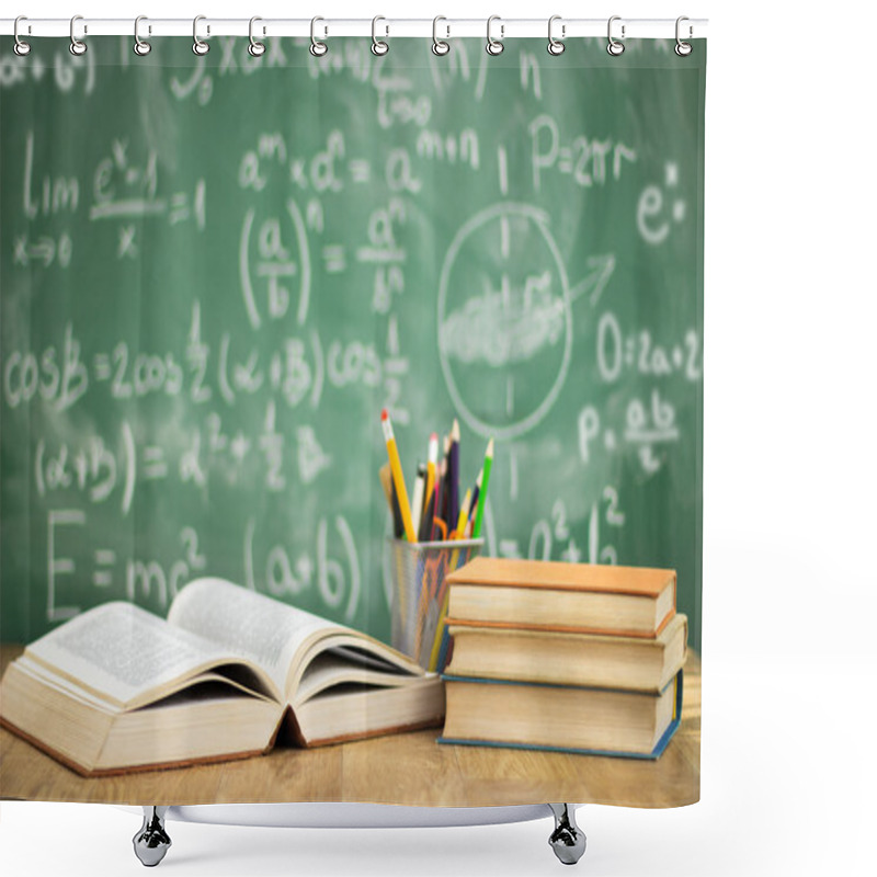 Personality  School Books On Desk Shower Curtains