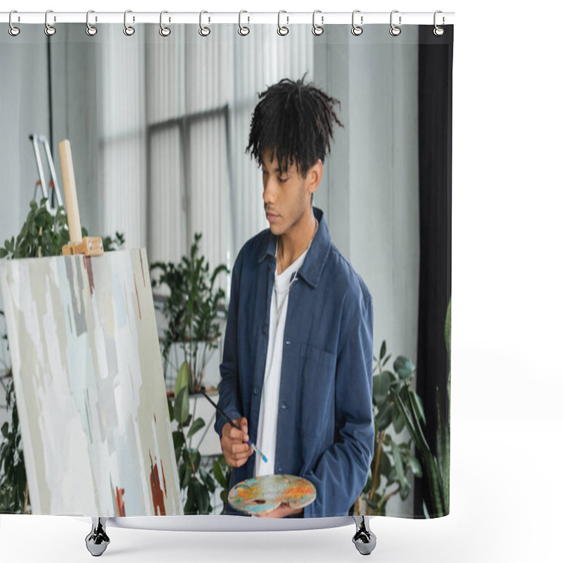 Personality  Young African American Artist Holding Paintbrush And Palette Near Painting In Studio  Shower Curtains