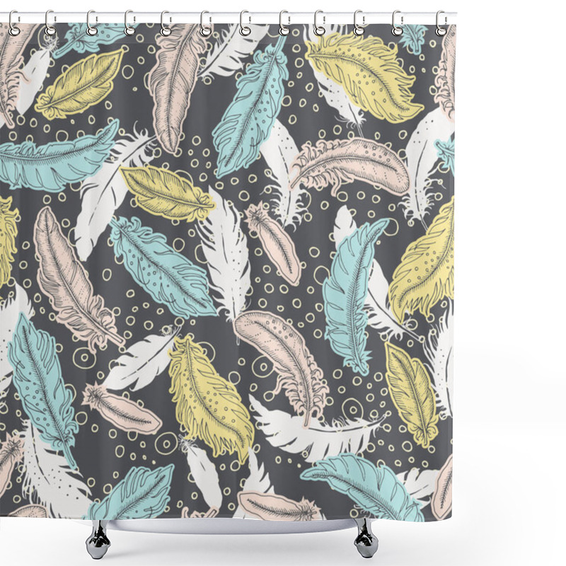 Personality  Pastel Sketched Feathers Vector Seamless Pattern Shower Curtains