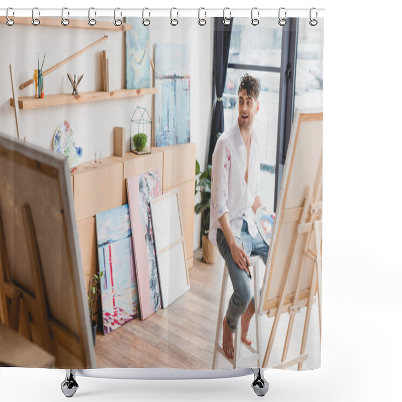 Personality  Selective Focus Of Handsome Smiling Artist Sitting On High Chair At Easel  Shower Curtains