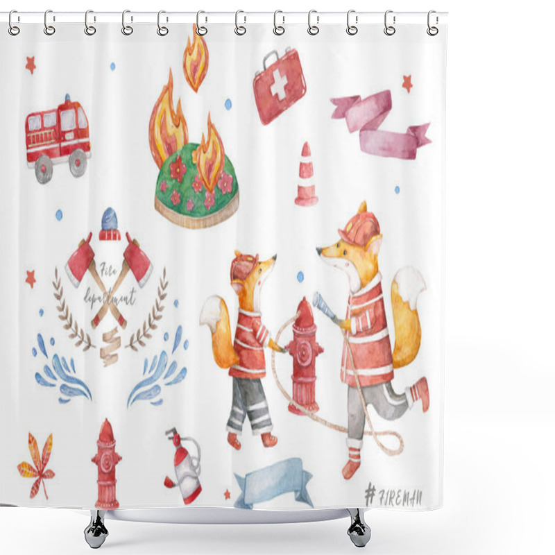 Personality  Watercolor Cute Cartoon Little Two Foxes Extinguish A Fire On Trees With Water Baby Colorful Nursery Clip Art Isolated Background Fireman Animals Set, The Global Gap In The Forest For Greeting, Poster Shower Curtains