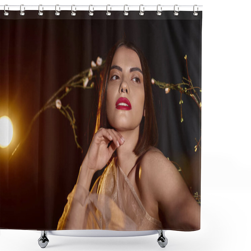 Personality  Delicate Young Woman In Transparent Dress Posing Near Blooming Flowers On Branches On Black Backdrop Shower Curtains